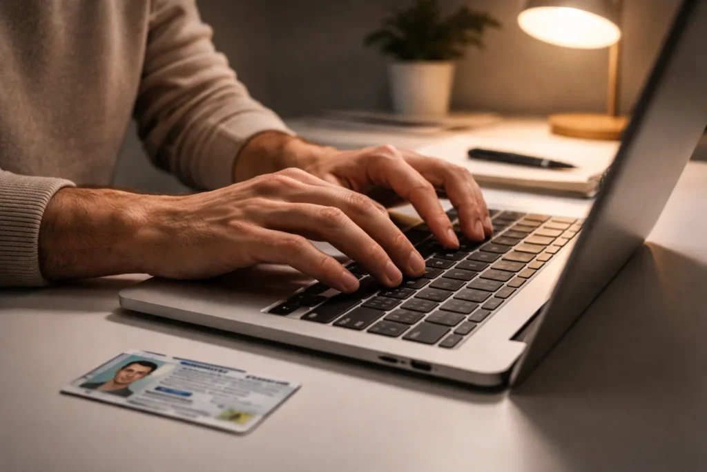 Person typing on a laptop with a driver's license on the desk while filing a USAA data breach settlement claim