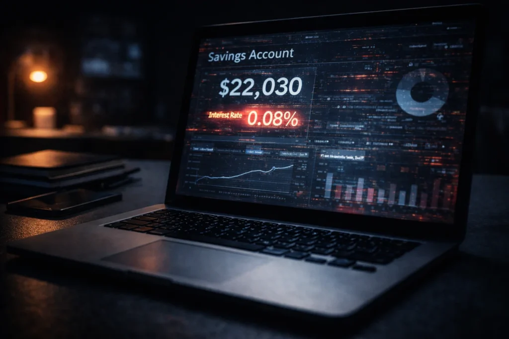 Laptop screen showing a low interest savings account rate with a red glitch effect representing the Capital One 360 Savings settlement dispute