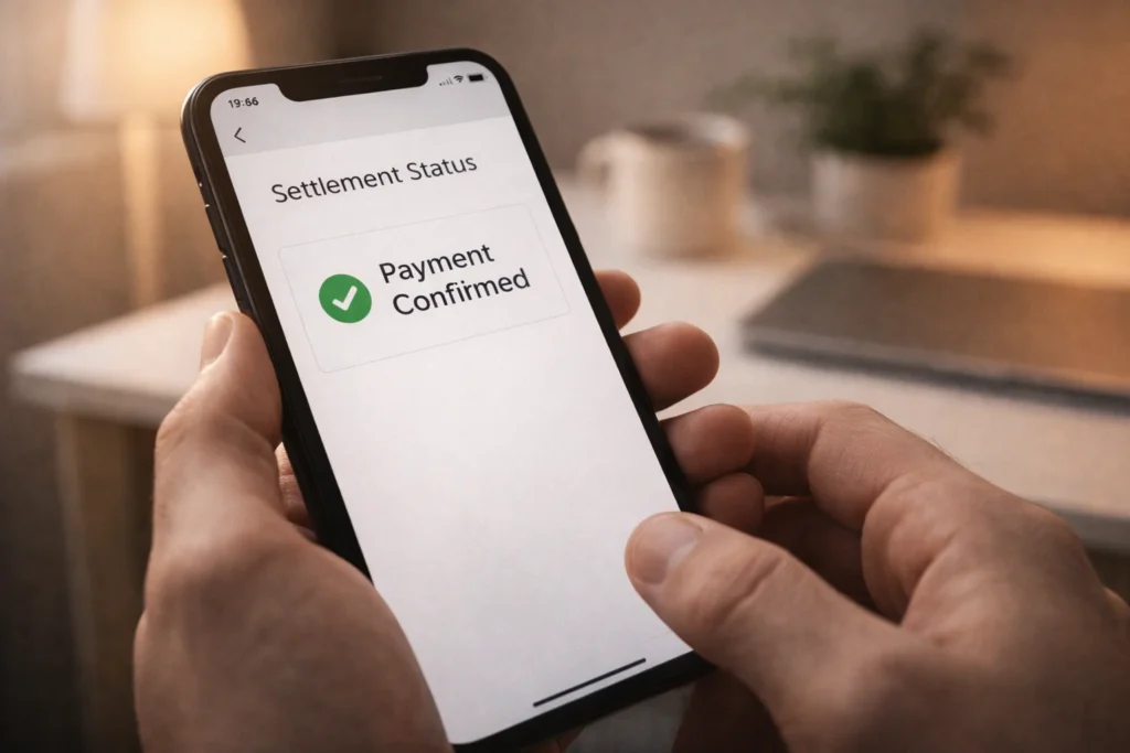 Person checking Capital One settlement payment status on a smartphone banking app in 2026