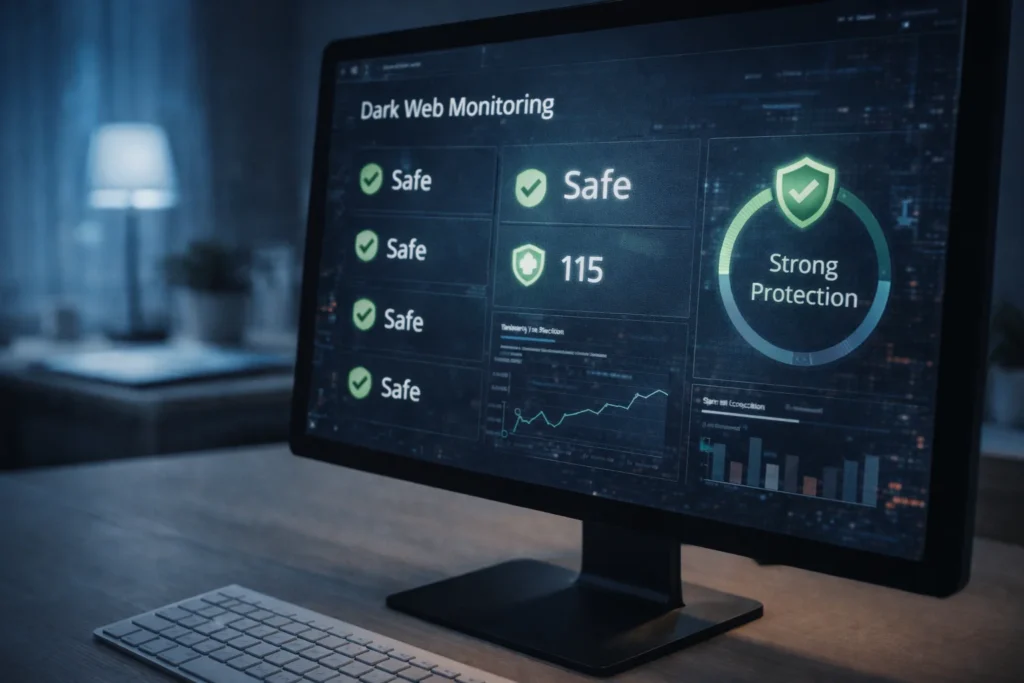 Desktop monitor displaying a dark web monitoring dashboard representing free identity defense services available after the Capital One data breach settlement